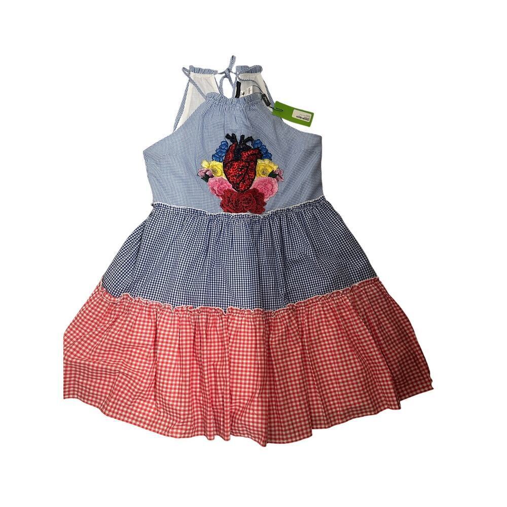 Josefina by Vero Solís tiered gingham halter dress heart and floral embroidery L